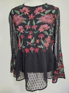 American Eagle Outfitters Black Sheer Floral Embroidered Peplum Top